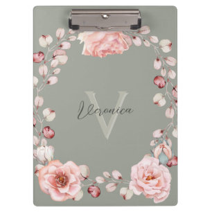 Watercolor Rose Wreath Personalized Sage Green Clipboard