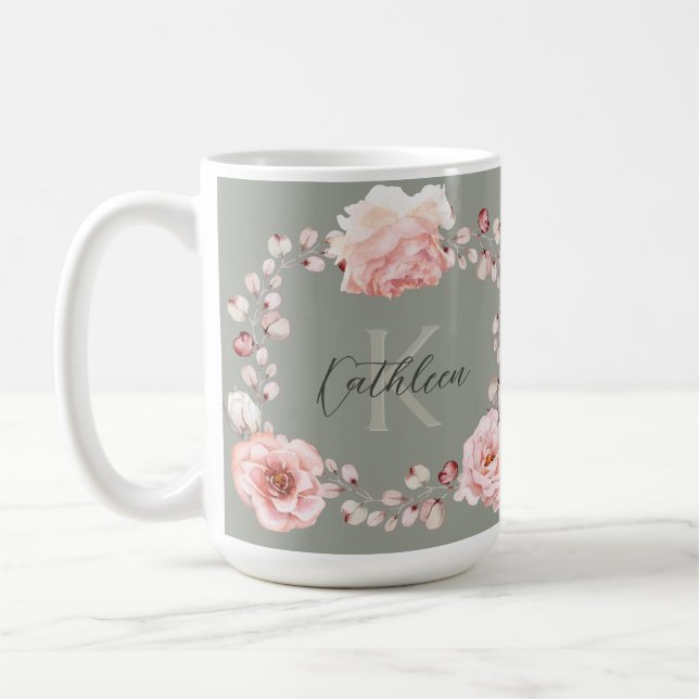 Watercolor Rose Wreath Personalized | Sage Green Coffee Mug (Left)