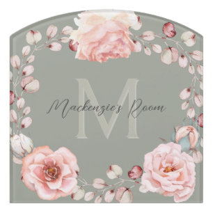 Watercolor Rose Wreath Personalized Sage Green Door Sign