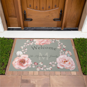 Watercolor Rose Wreath Personalized Sage Green Doormat