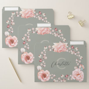 Watercolor Rose Wreath Personalized   Sage Green File Folder