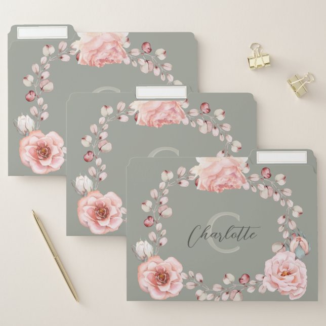 Watercolor Rose Wreath Personalized | Sage Green File Folder (Set)