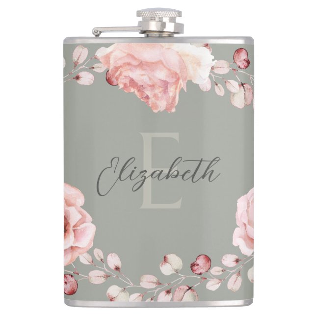 Watercolor Rose Wreath Personalized | Sage Green Flask (Front)
