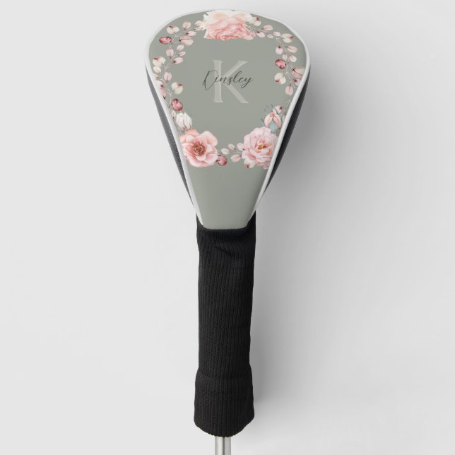 Watercolor Rose Wreath Personalized | Sage Green Golf Head Cover (Front)