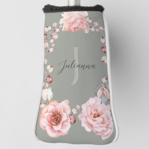 Watercolor Rose Wreath Personalized Sage Green Golf Head Cover