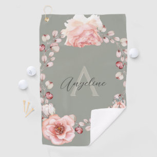 Watercolor Rose Wreath Personalized   Sage Green Golf Towel