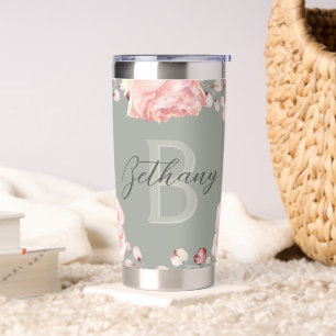 Watercolor Rose Wreath Personalized Sage Green Insulated Tumbler