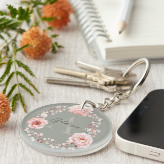 Watercolor Rose Wreath Personalized | Sage Green Keychain