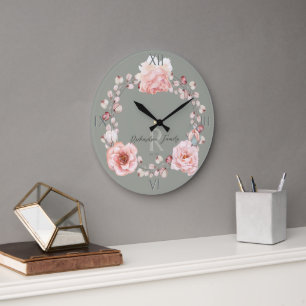 Watercolor Rose Wreath Personalized Sage Green Large Clock