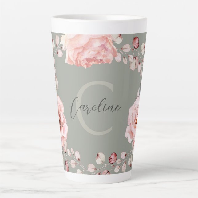 Watercolor Rose Wreath Personalized | Sage Green Latte Mug (Front)