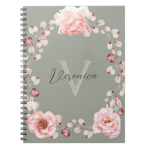Watercolor Rose Wreath Personalized   Sage Green Notebook