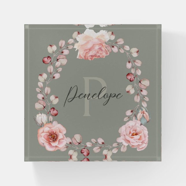 Watercolor Rose Wreath Personalized | Sage Green Paperweight (Front)