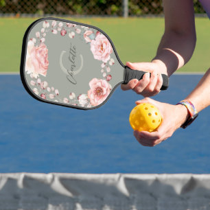 Watercolor Rose Wreath Personalized Sage Green Pickleball Paddle