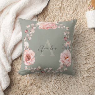 Watercolor Rose Wreath Personalized Sage Green Throw Pillow