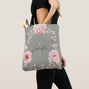 Watercolor Rose Wreath Personalized Sage Green Tote Bag