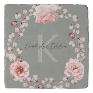 Watercolor Rose Wreath Personalized   Sage Green Trivet