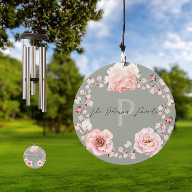 Watercolor Rose Wreath Personalized | Sage Green Wind Chime (Outdoor)