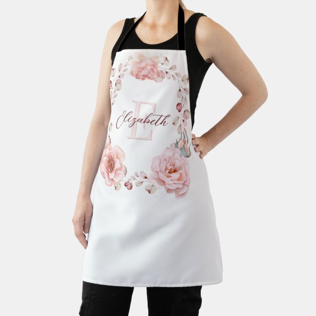 Watercolor Rose Wreath Personalized | White Apron (Insitu)