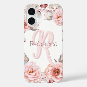 Watercolor Rose Wreath Personalized White iPhone 16 Case