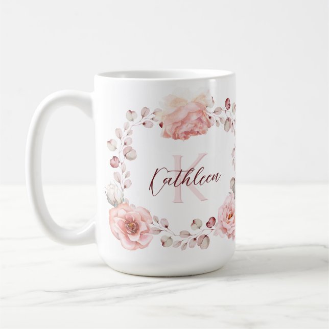 Watercolor Rose Wreath Personalized | White Coffee Mug (Left)