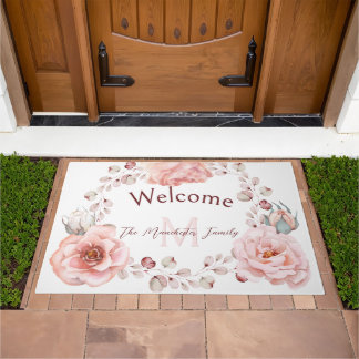 Watercolor Rose Wreath Personalized | White Doormat