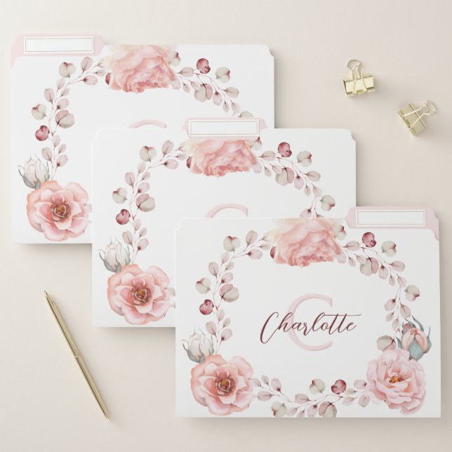 Watercolor Rose Wreath Personalized | White File Folder (Set)
