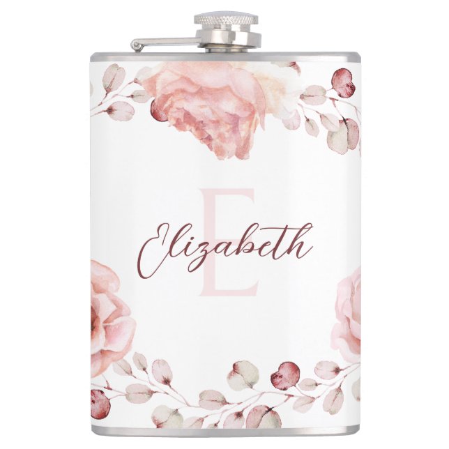 Watercolor Rose Wreath Personalized | White Flask (Front)