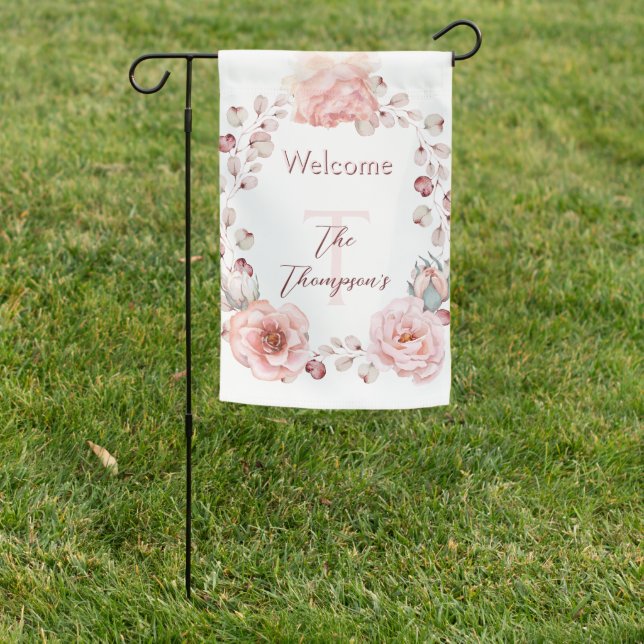 Watercolor Rose Wreath Personalized | White Garden Flag (In SItu)