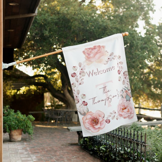 Watercolor Rose Wreath Personalized | White House Flag (In SItu)