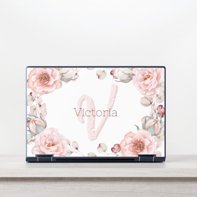 Watercolor Rose Wreath Personalized | White HP Laptop Skin (Front)
