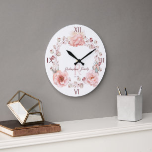 Watercolor Rose Wreath Personalized White Large Clock