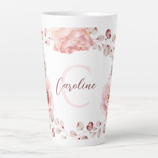 Watercolor Rose Wreath Personalized | White Latte Mug (Front)