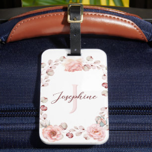 Watercolor Rose Wreath Personalized White Luggage Tag