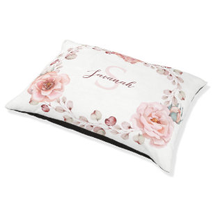 Watercolor Rose Wreath Personalized White Pet Bed