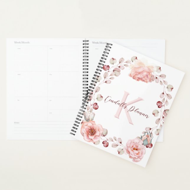 Watercolor Rose Wreath Personalized | White Planner (Display)