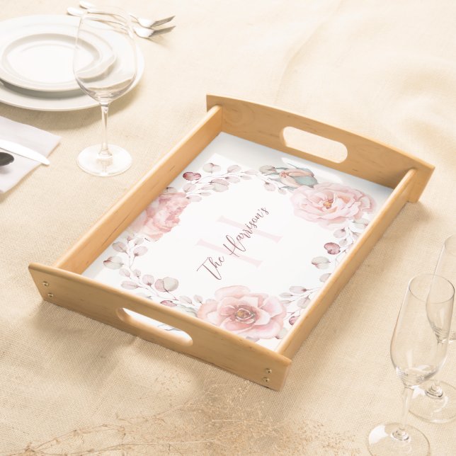 Watercolor Rose Wreath Personalized | White Serving Tray (Front)