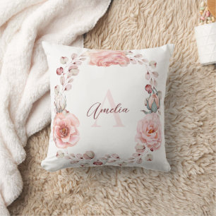 Watercolor Rose Wreath Personalized White Throw Pillow