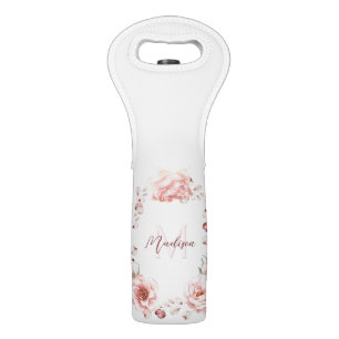 Watercolor Rose Wreath Personalized White Wine Bag