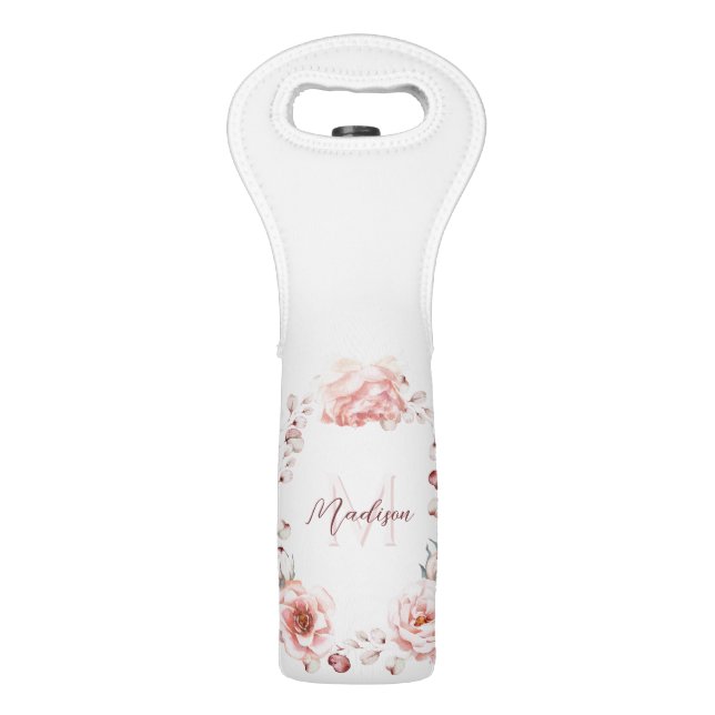 Watercolor Rose Wreath Personalized | White Wine Bag (Front)