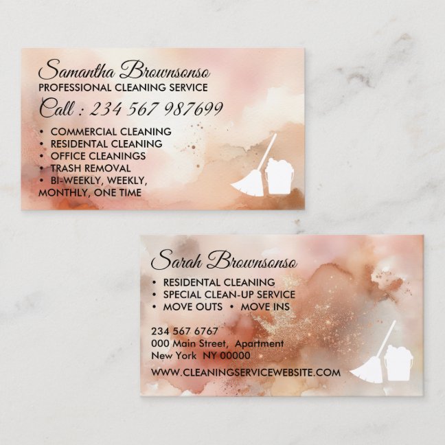 Watercolor Rosegold Cleaning Maid Janitorial Business Card