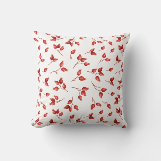 Watercolor Rosehips Red and White. Throw Pillow (Front)