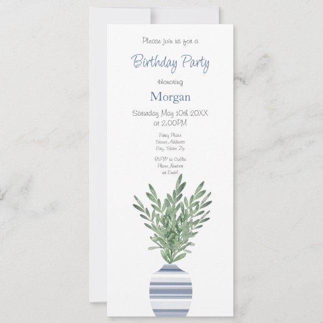 Watercolor Rosemary & Blue Striped Vase Invitation (Front)