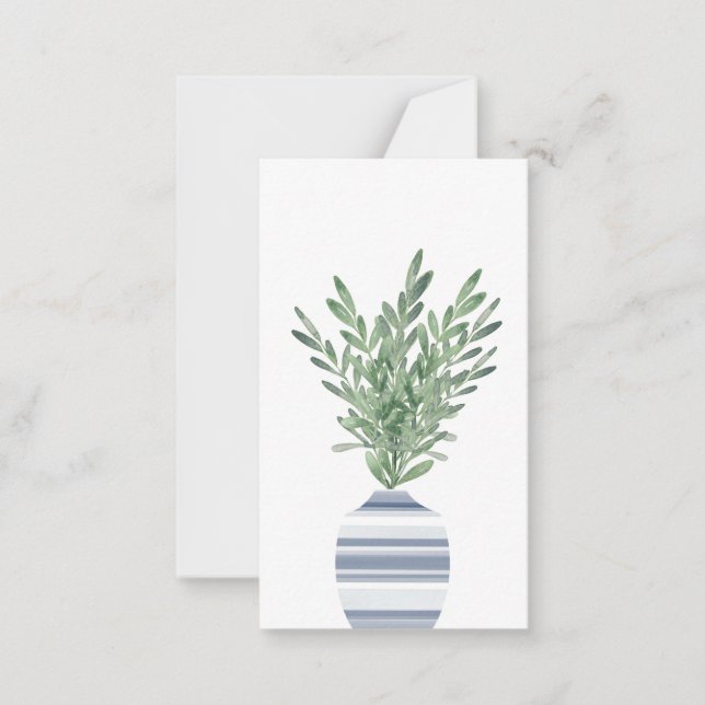 Watercolor Rosemary & Blue Striped Vase Note Card (Front)