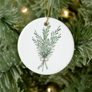 Watercolor Rosemary Bouquet with Jute Bow Ceramic Ornament