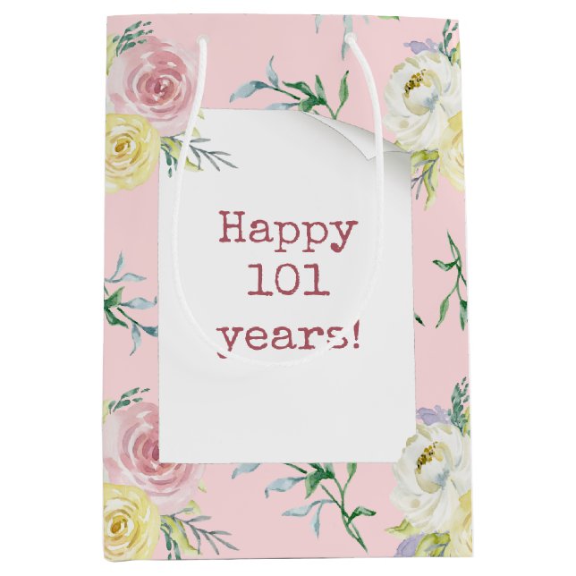 Watercolor Roses 101st Birthday Medium Gift Bag (Front)