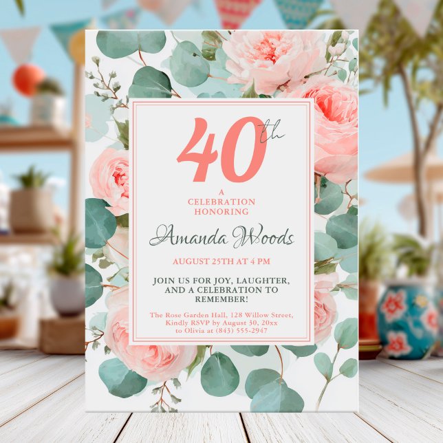 Watercolor roses 40th birthday design invitation (Creator Uploaded)