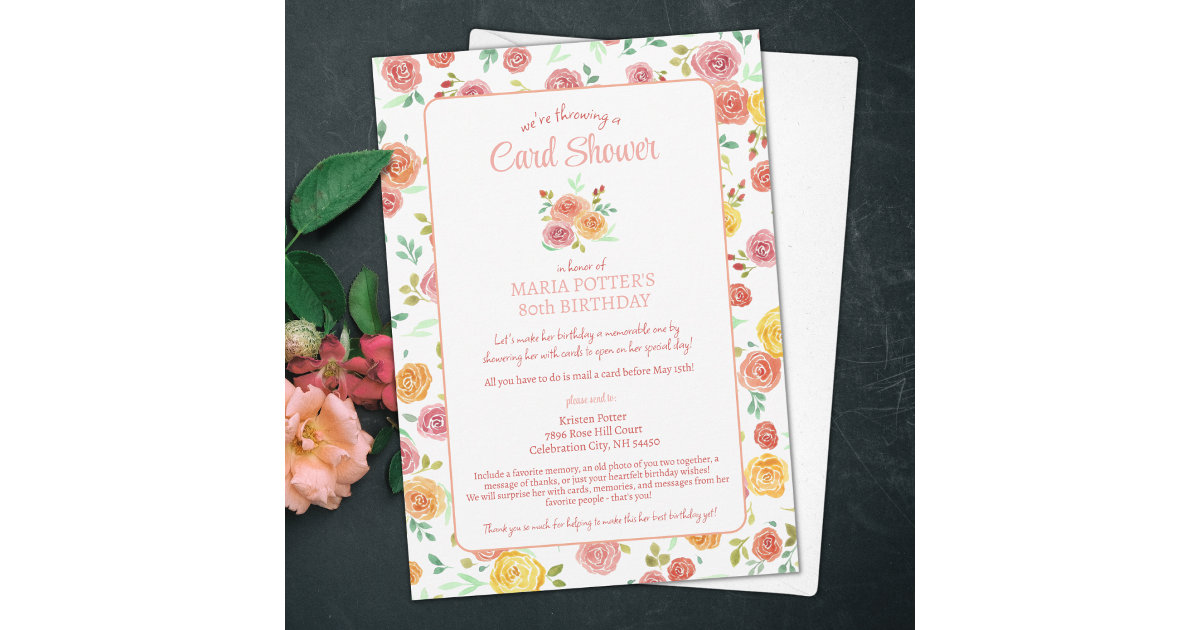 Watercolor Roses 80th Birthday Card Shower | Zazzle