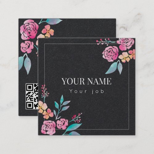 Watercolor roses  Add QR code Square Business Card