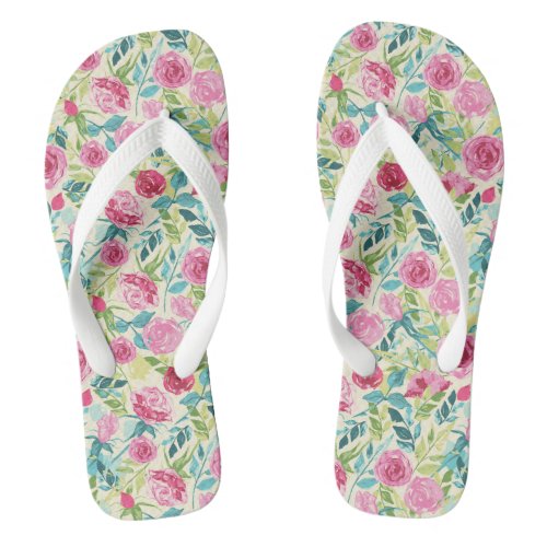 Watercolor Roses Adult Flip Flops Wide Straps Flip Flops