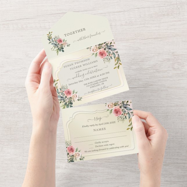 Watercolor Roses All in One Wedding Invitation (Tearaway)